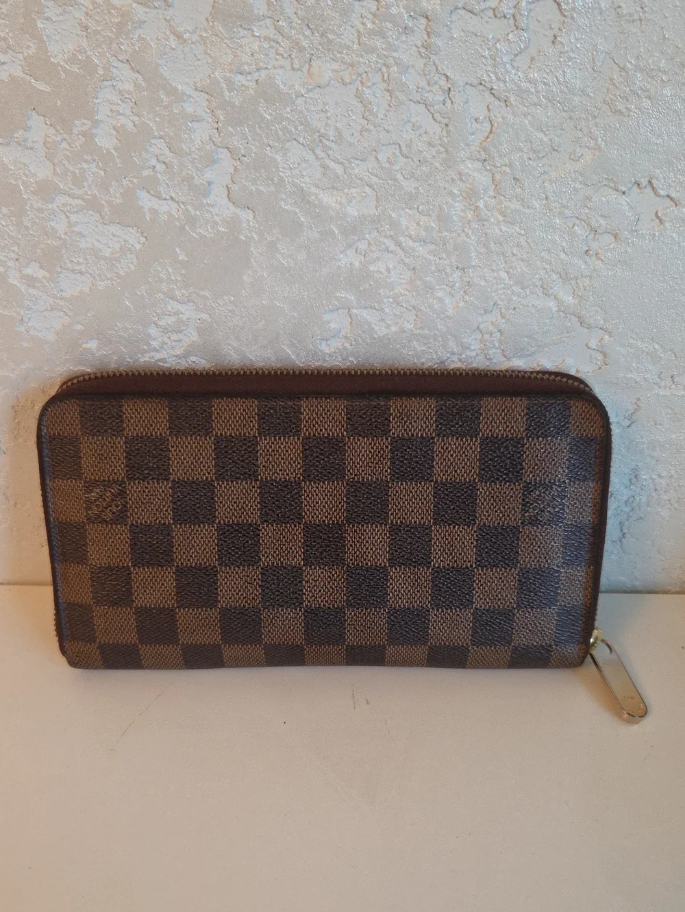 Louis Vuitton Brown Textured Leather Wallet Organazer with Red Logo Stamp